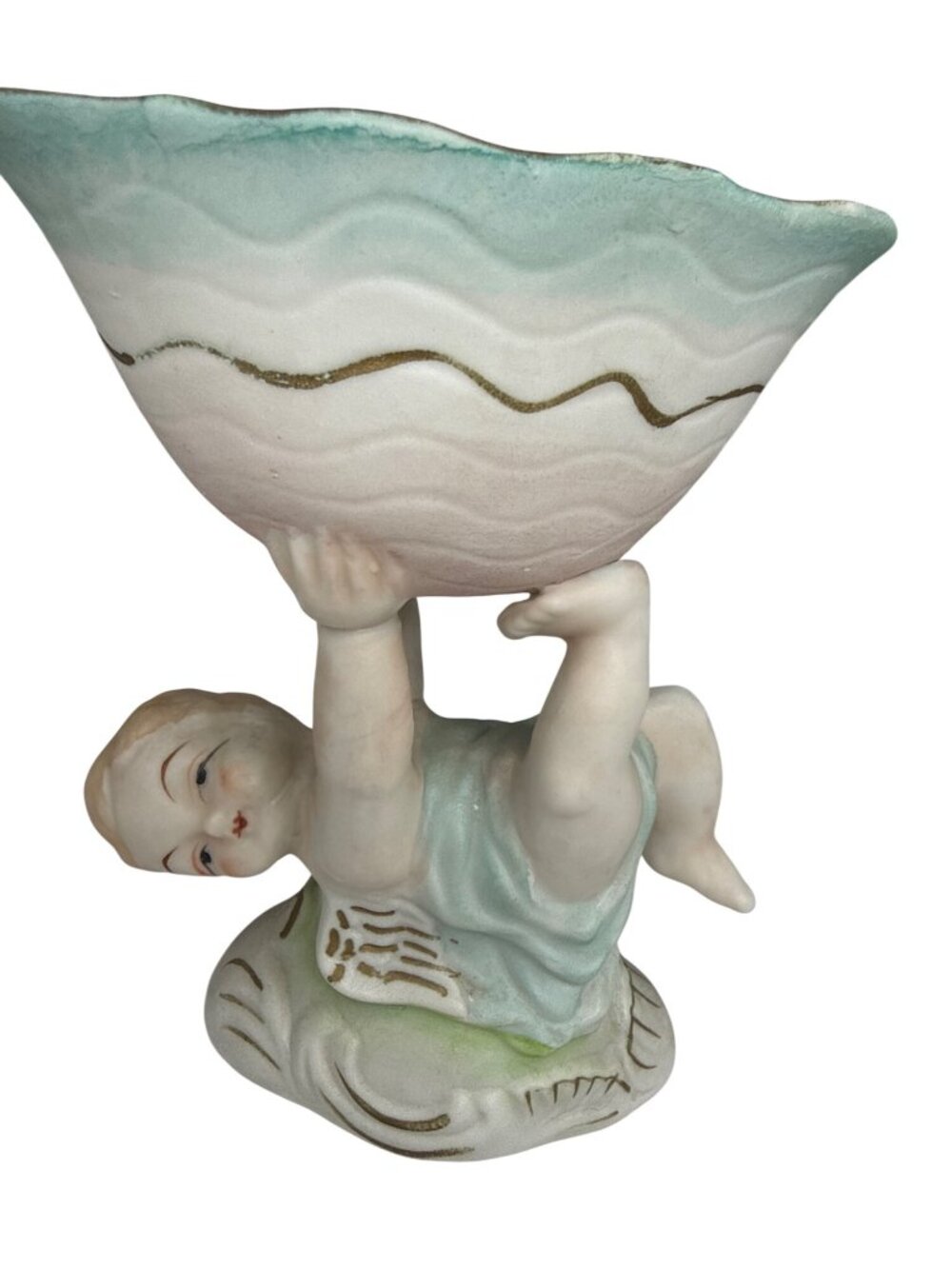 Vintage Occupied Japan Bisque Porcelain Angel Cherub Holding Planter Trinket